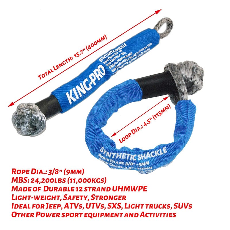 KING-PRO Synthetic Shackle 3/8""x16"" Soft Shackle 24 200lbs Breaking Strength Recovery Soft Shackle with Protective Sleeves for JEEP ATV UTV SUV Light Truck and Power Sport Equipment 2-Pack (Blue-Gray) - Image 3